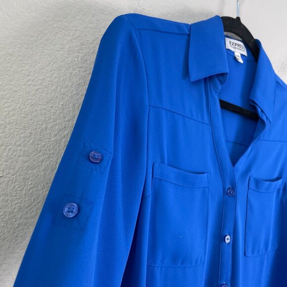 Express Portofino Shirt Womens XS Royal Blue Button Up Roll Tab Sleeve Blouse - Picture 6 of 7